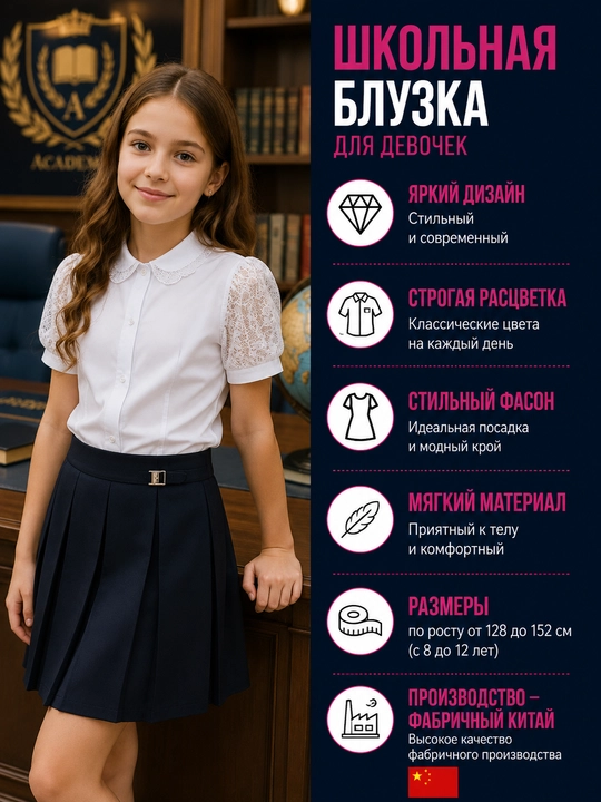 Qizlar uchun maktab bluzkasi — gipyur yengli, oq, bayramona