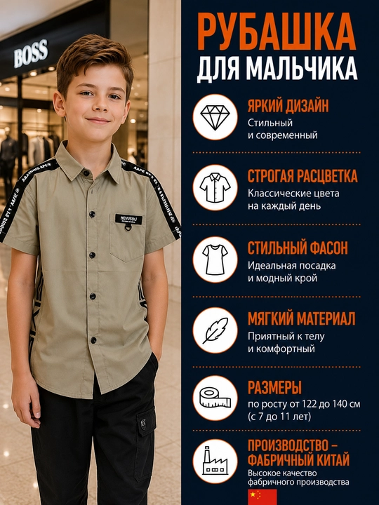 O‘g‘il bolalar uchun qisqa yengli zamonaviy kundalik ko‘ylak