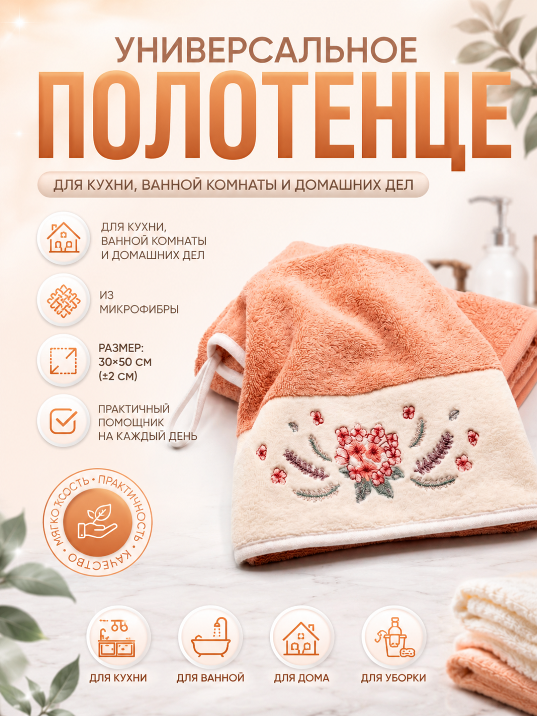 Oshxona va hammom uchun yumshoq mikrofibra sochiq, gul naqshli, 30x50 sm - 