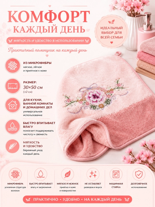 Полотенце из микрофибры для кухни и ванной с цветочным принтом, 30x50 см