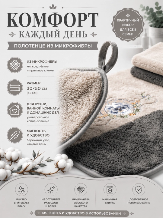 Полотенце из микрофибры для кухни и ванной с цветочным принтом, 30x50 см