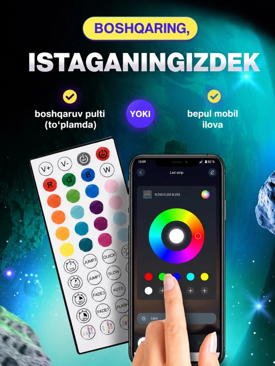 RGB LED lenta 5–30 m 5 V 5050, pult va quvvat bloki bilan to‘plam, 16 mln rang