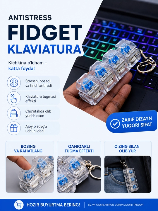 Stressga qarshi kalit tugmali brelok-klaviatura - stressdan xalos bo‘lish uchun gadjet - 