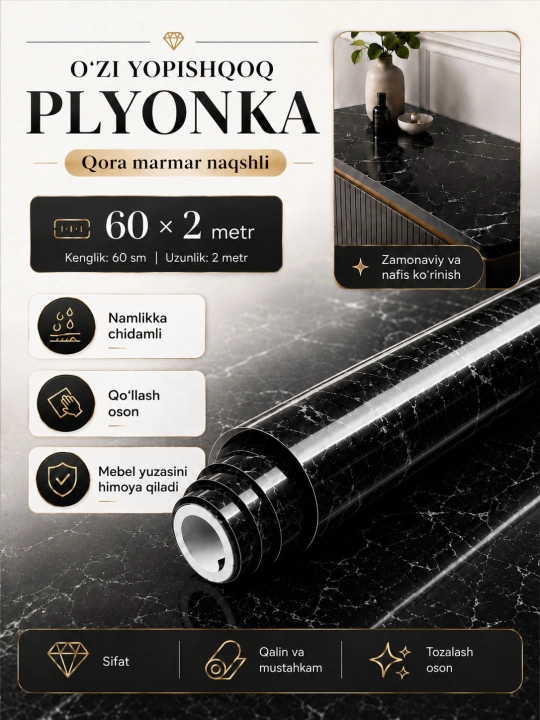 Plyonka oboy, devor va mebellar uchun, o‘zi yopishadigan, gulqog‘oz-yopishqoq - 