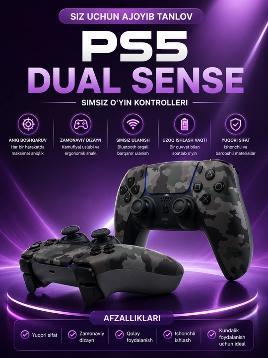 Bluetooth, tebranish va premium dizaynli PS5 DualSense simsiz kontrolleri - 