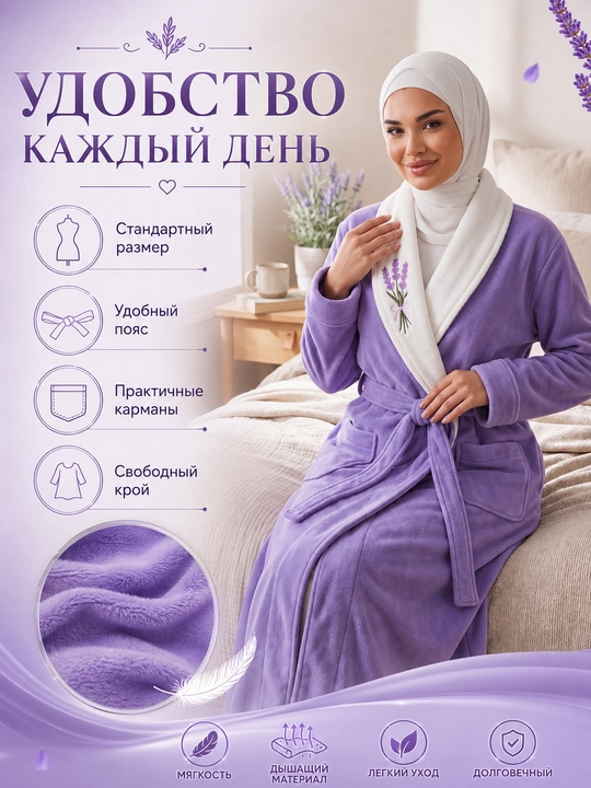 Женский банный халат из мягкой микрофибры с лавандовым принтом, уютная домашняя одежда