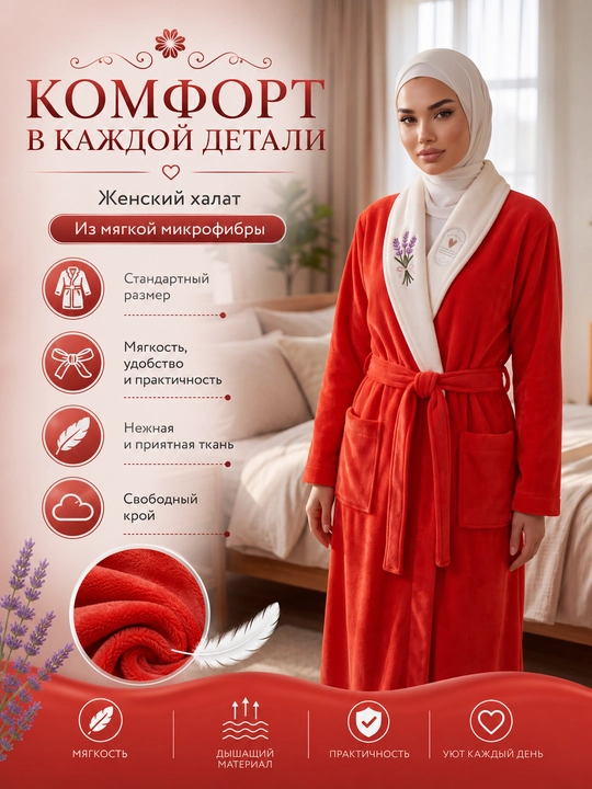 Женский банный халат из мягкой микрофибры с лавандовым принтом, уютная домашняя одежда