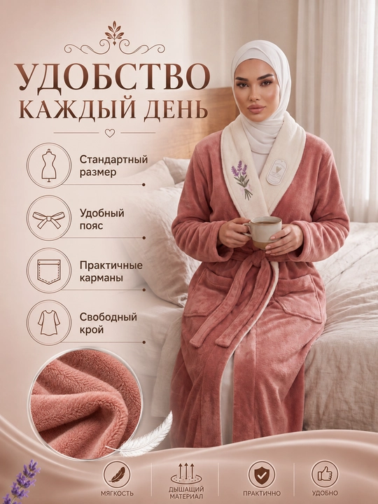 Женский банный халат из мягкой микрофибры с лавандовым принтом, уютная домашняя одежда