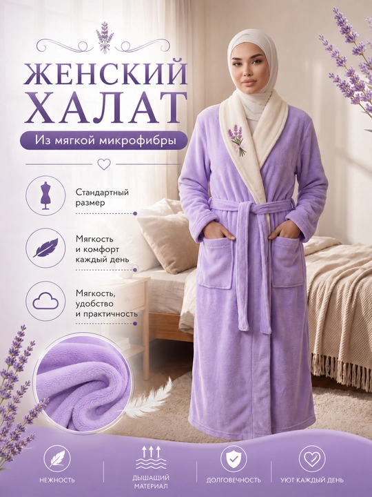 Женский банный халат из мягкой микрофибры с лавандовым принтом, уютная домашняя одежда