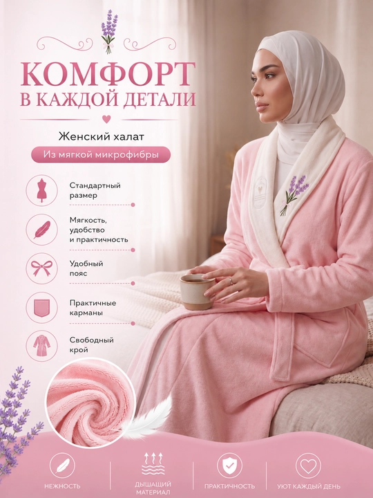 Женский банный халат из мягкой микрофибры с лавандовым принтом, уютная домашняя одежда