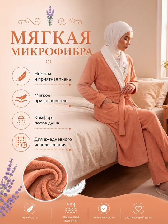 Женский банный халат из мягкой микрофибры с лавандовым принтом, уютная домашняя одежда