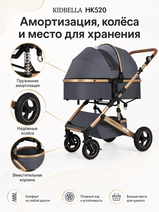 Детская коляска 2 в 1 KIDBELLA HK520 люлька и прогулочный блок складная