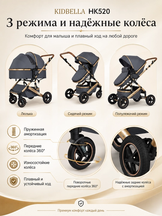 Детская коляска 2 в 1 KIDBELLA HK520 люлька и прогулочный блок складная