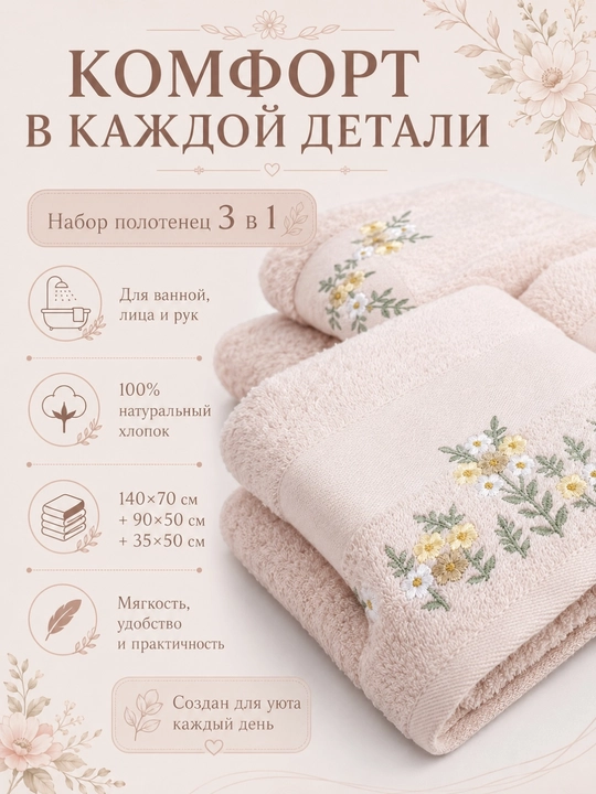 Набор махровых полотенец, полотенца махровые пушистые мягкие банное для лица и ноги 3 шт