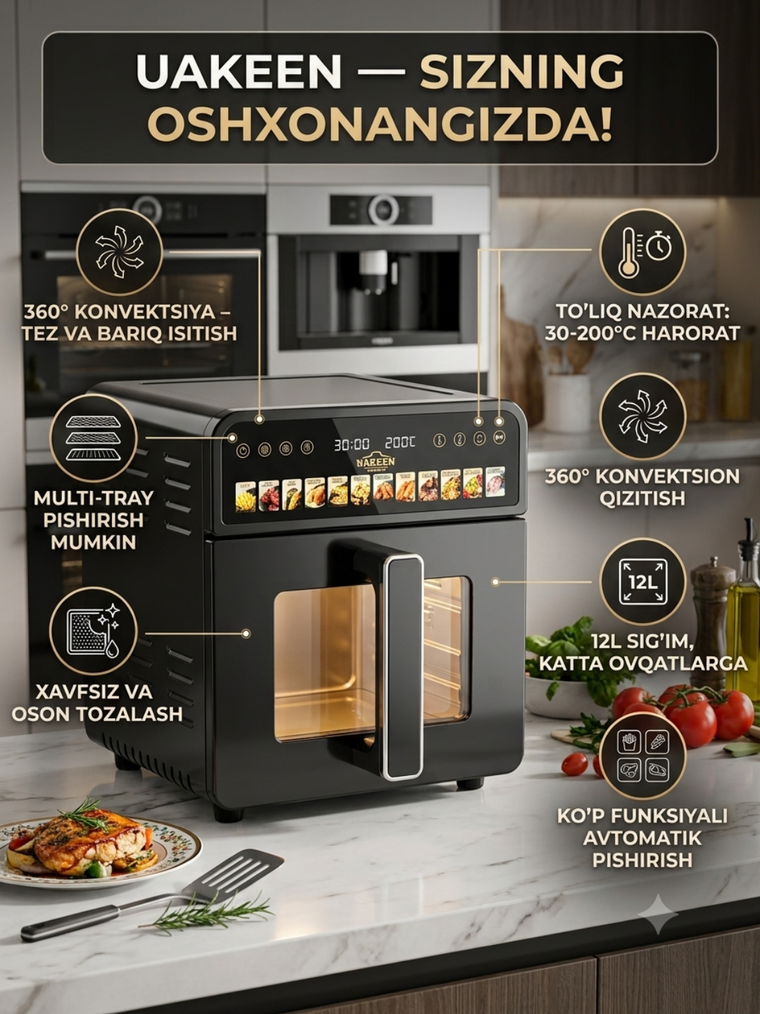 Air Fryer 10 l 3900 Vt quvvatli moysiz sensorli elektr qovurish moslamasi