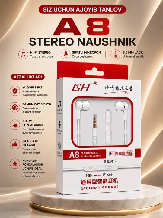 A8 Stereo Android, iPhone va planshetlar uchun 3,5 mm simli mikrofonli quloqchinlar - 