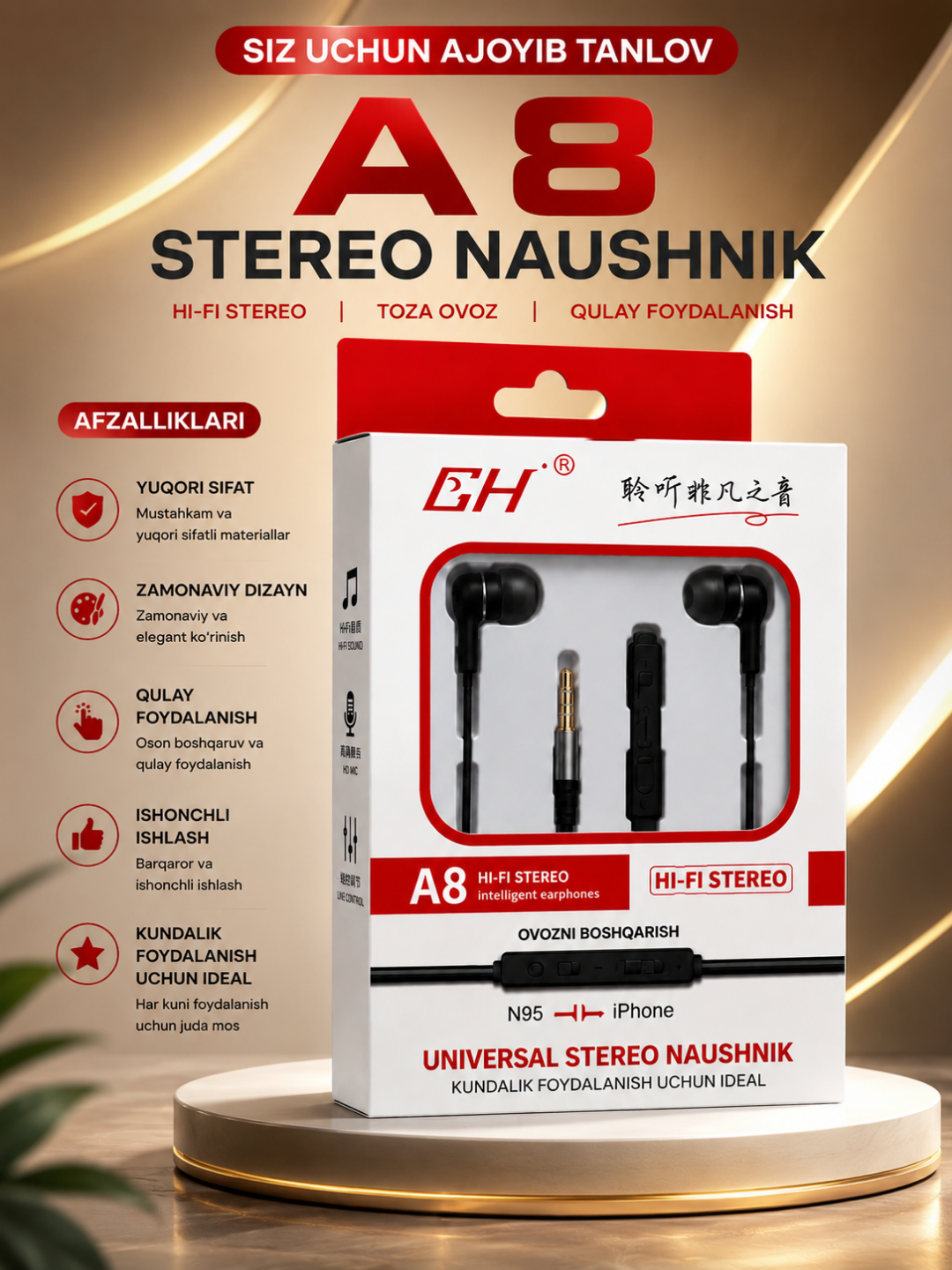 A8 Stereo Android, iPhone va planshetlar uchun 3,5 mm simli mikrofonli quloqchinlar - 