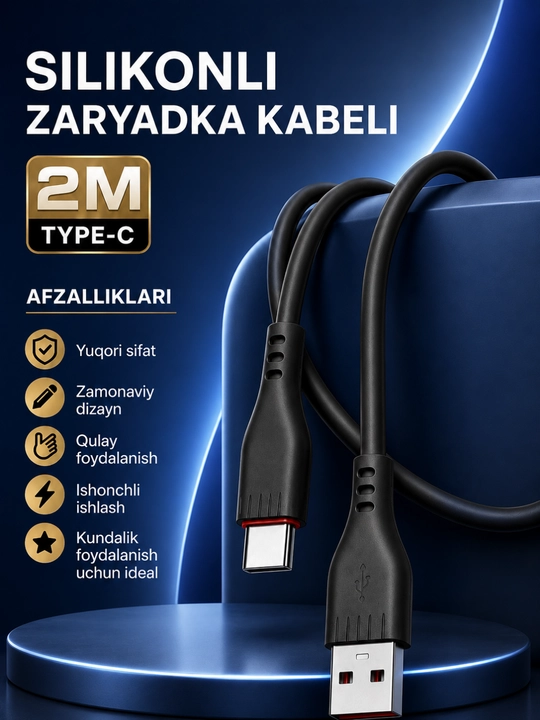 2 metrlik USB Type-C 66W silikon kabeli — tez quvvatlanadi va barqaror ma’lumot uzatadi - 