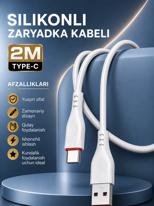 2 metrlik USB Type-C 66W silikon kabeli — tez quvvatlanadi va barqaror ma’lumot uzatadi - 