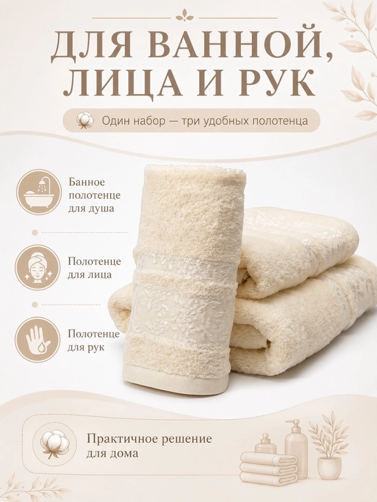 Sochiqlar to'plami 3 tasi 1 da, hammom, yuz va soch uchun, yumshoq va mayin