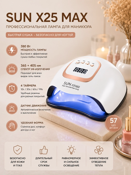 Профессиональный набор для маникюра 3 в 1: лампа SUN X25 MAX, аппарат STRONG 204, пылесос