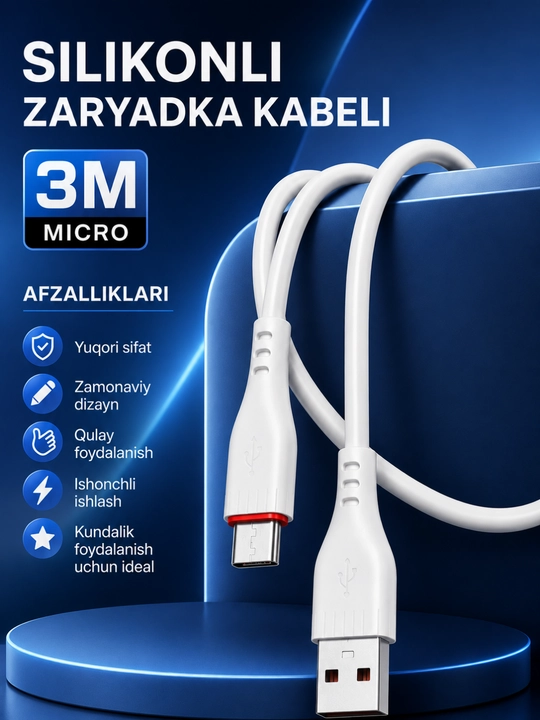 Inomitu Micro USB kabel 66W 3 metr - tez quvvatlash va ma’lumot uzatish uchun silikonkabel - 