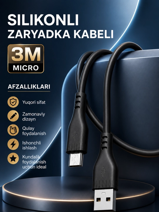 Inomitu Micro USB kabel 66W 3 metr - tez quvvatlash va ma’lumot uzatish uchun silikonkabel - 