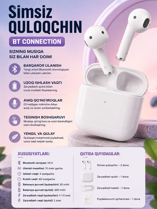 Inkax Bluetooth simsiz quloqchinlari, V5.4, mikrofonli, oq rangda - 