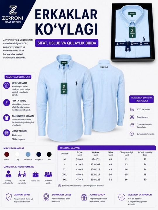 Erkaklar ZERRONI ko'ylagi, LION materil ko'ylaklar, yuqori sifat va dizayn jamlangan