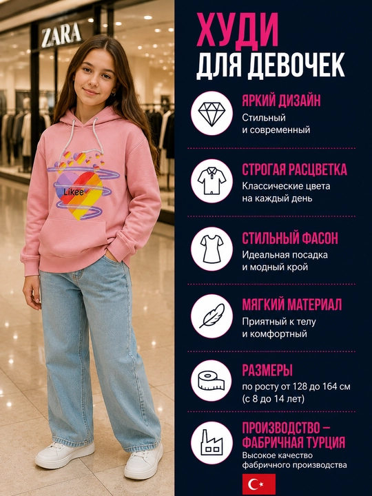 Qizlar uchun kapyushonli pushti xudi Likee uslubida, zamonaviy tolstovka