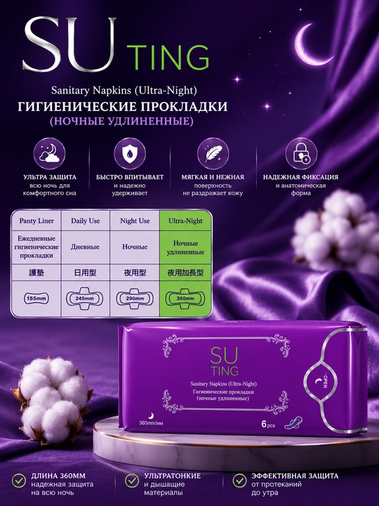Ночные гигиенические прокладки, 360 мм 6 шт
