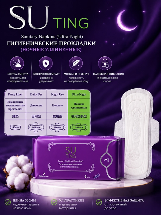 Ночные гигиенические прокладки, 360 мм 6 шт - 