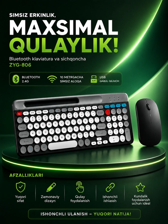 ZYG-806 Simsiz Klaviatura va Sichqoncha To‘plami, 2.4G USB Wireless Keyboard Set - 