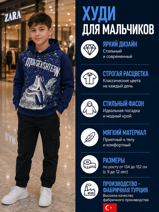 Худи детское теплое с начёсом, толстовка с капюшоном для подростка