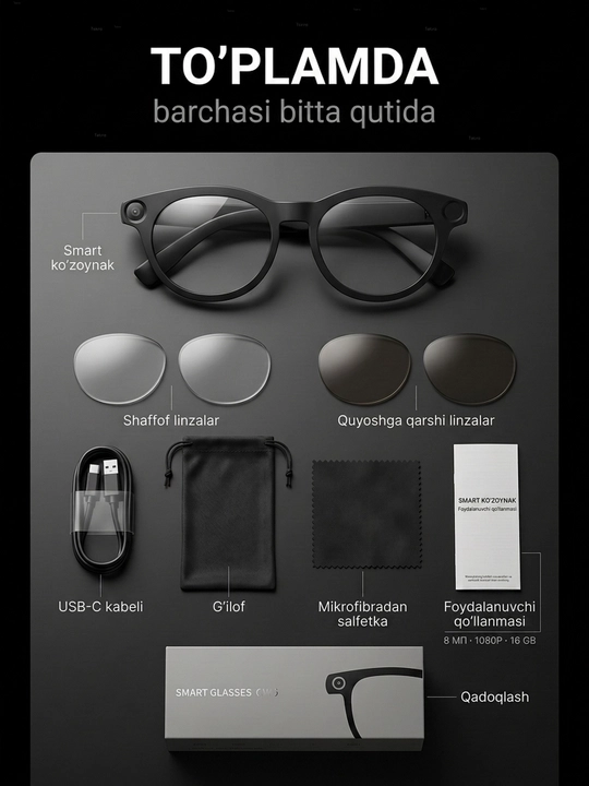 Kamera bilan smart ko‘zoynak - 1080P · 8 MP, AI funksiyalari, CY05, smart ko‘zoynak