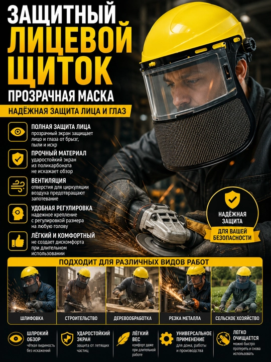 Защитный лицевой щиток – прозрачная маска для строительных и производственных работ - 