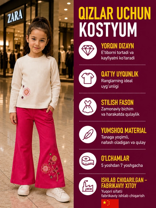 Qizlar kostyumi: kashta tikilgan kurtka va yaltiroq shimlar - 