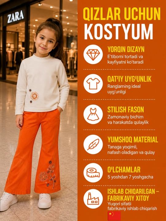 Qizlar kostyumi: kashta tikilgan kurtka va yaltiroq shimlar - 