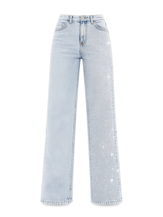 Женские джинсы Wide Leg Denim со стразами, светло-голубые, 100% хлопок - 