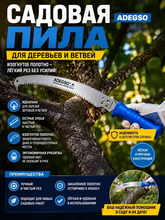 Садовая пила ADEGSO для деревьев, изогнутое полотно, эргономичная рукоятка - 