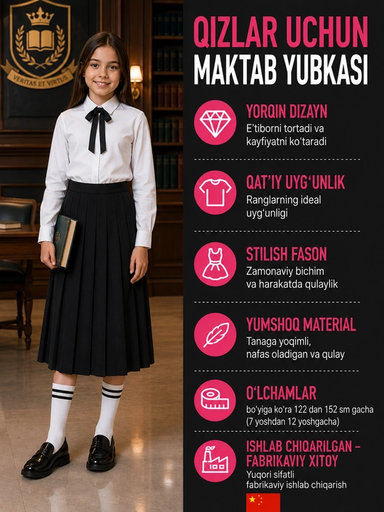 Qizlar uchun maktab plisseli yubka, qora klassik model - 