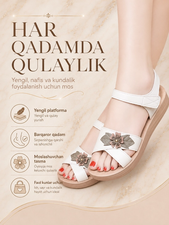 Ayollar uchun bosonojkalar, bahor-yoz-kuz uchun, 36-40 o'lcham