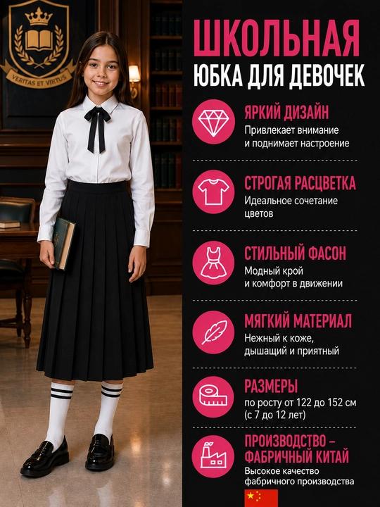 Юбка школьная плиссе для девочки черная классическая