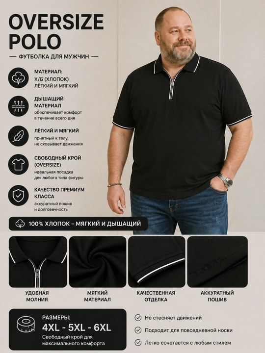 Erkaklar uchun oversize polo futbolka, 100% X/B paxta, katta razmer 4XL 5XL 6XL