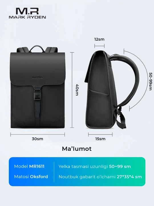 Biznes-ryukzak Mark Ryden MR1611 15.6" noutbuk uchun, maktabga, erkaklar va ayollar uchun