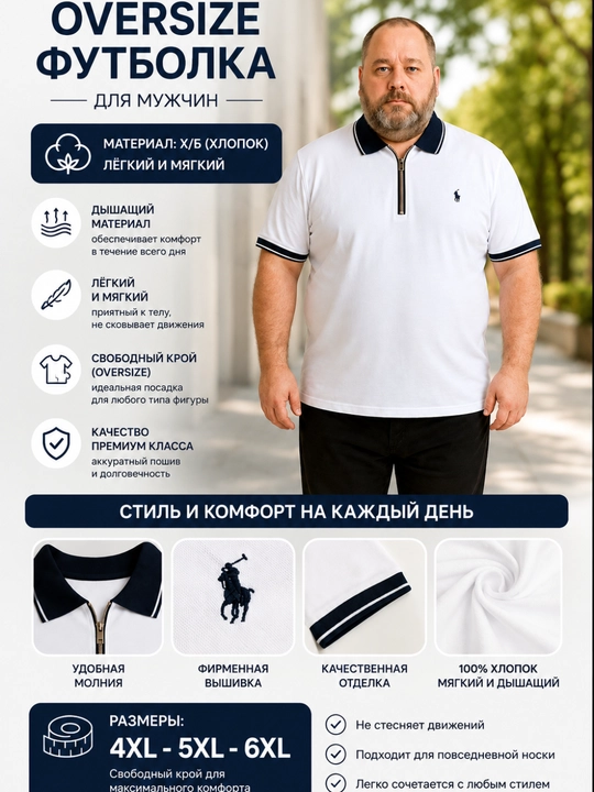 Erkaklar uchun oversize polo futbolka, 100% X/B paxta, katta razmer 4XL 5XL 6XL