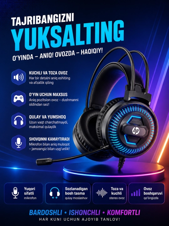 HP DHE-8001U stereo naushnigi, mikrofon va quloqchinda ovoz boshqaruv tizimi bilan - 