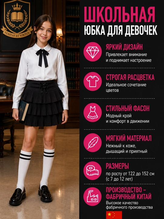 Qizlar uchun qora rangli volanli plisseli maktab yubkasi