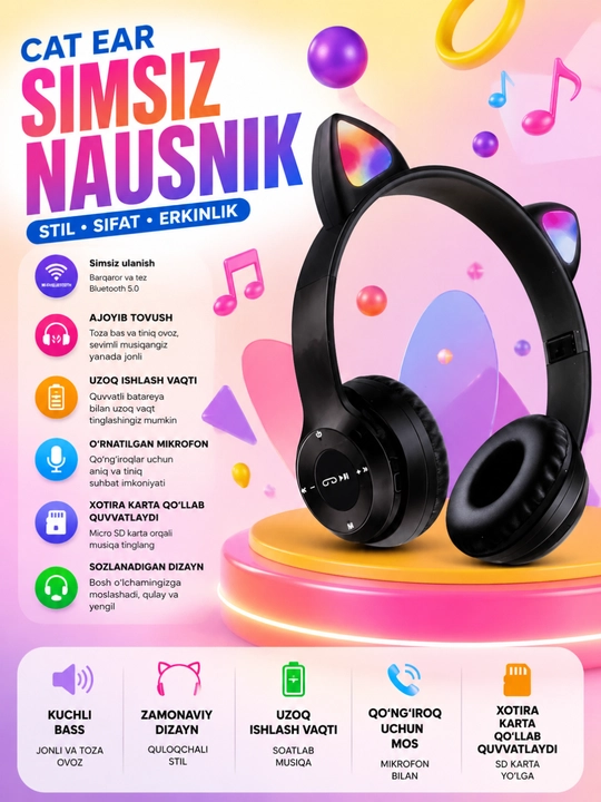 P47M Cat Ear simsiz quloqchinlari, RGB yoritgich, Bluetooth 5.0 va TF karta uyasi bilan - 