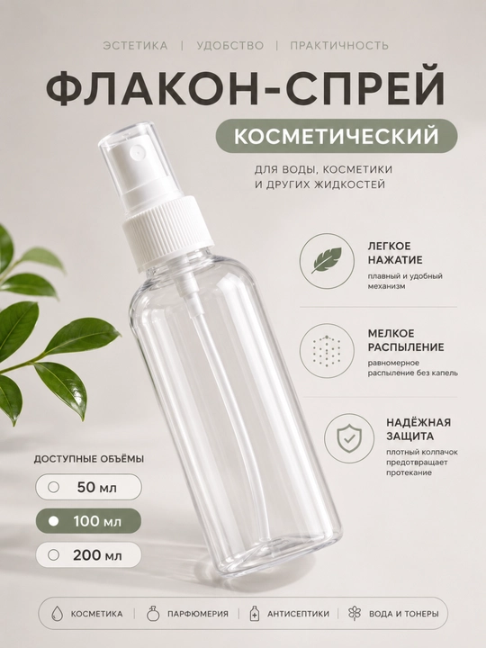 Флакон-распылитель дорожный 50/100/200 мл для духов, антисептика и косметики - 